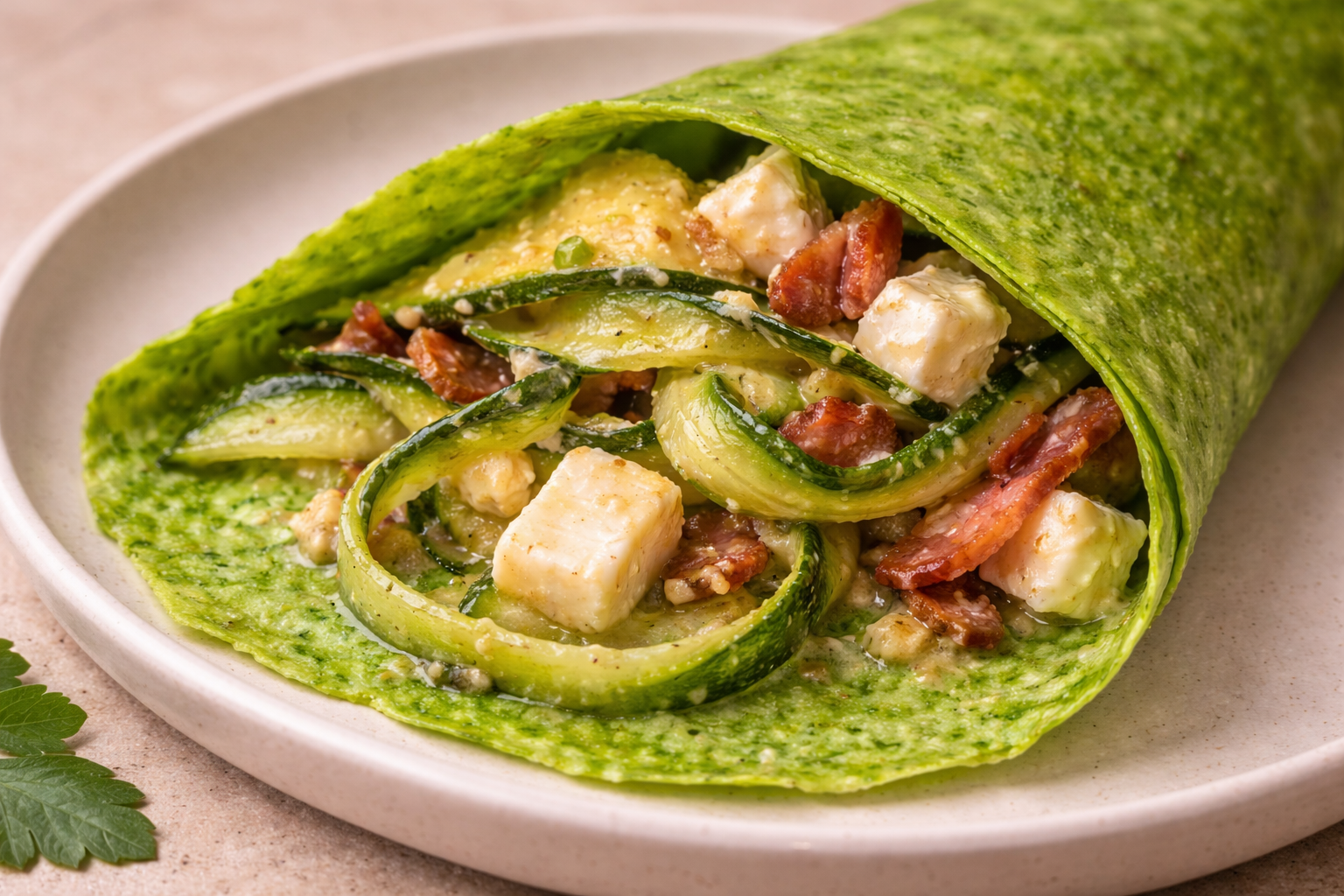 Grüner Pfannkuchen mit Zucchini-Feta-Speck-Salat