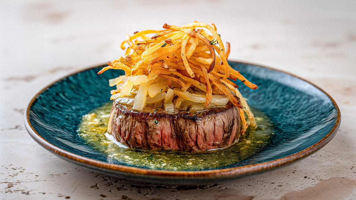 Rinderfilet mit Butter, Zwiebeln und knusprigem Kartoffelstroh