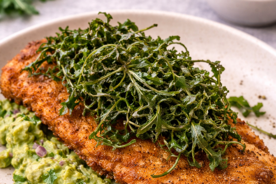 Pfefferschnitzel auf Guacamole mit knusprigem Rucola