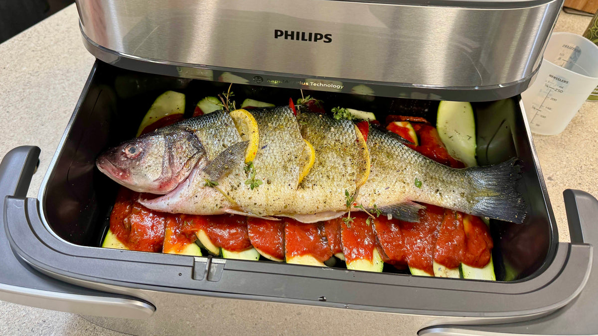 Gefüllter Loup de mer im Ganzen aus dem Airfryer