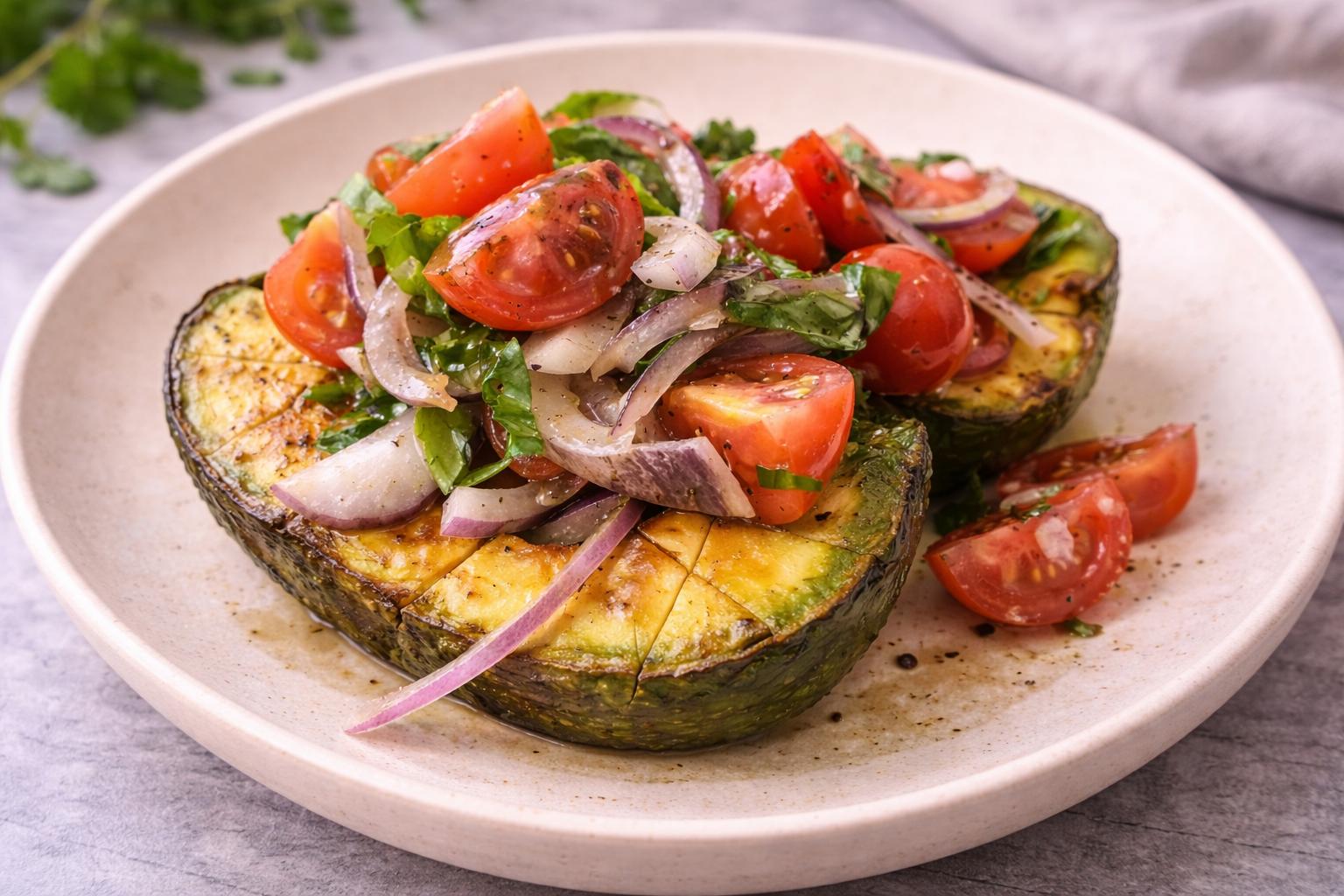 Gebratene Avocado und Tomatensalat