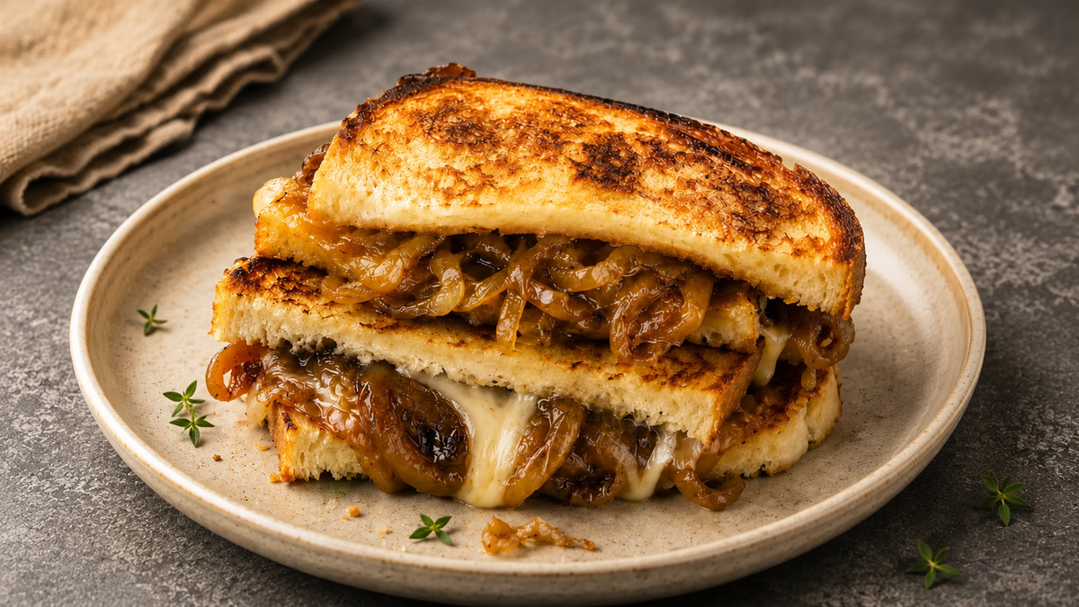 Knuspriges Bergkäsesandwich mit karamellisierten Zwiebeln