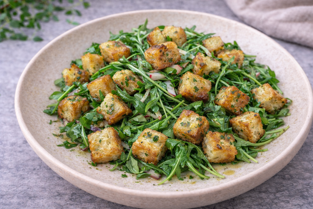 Knusprige Brötchen-Croutons mit Rucolasalat