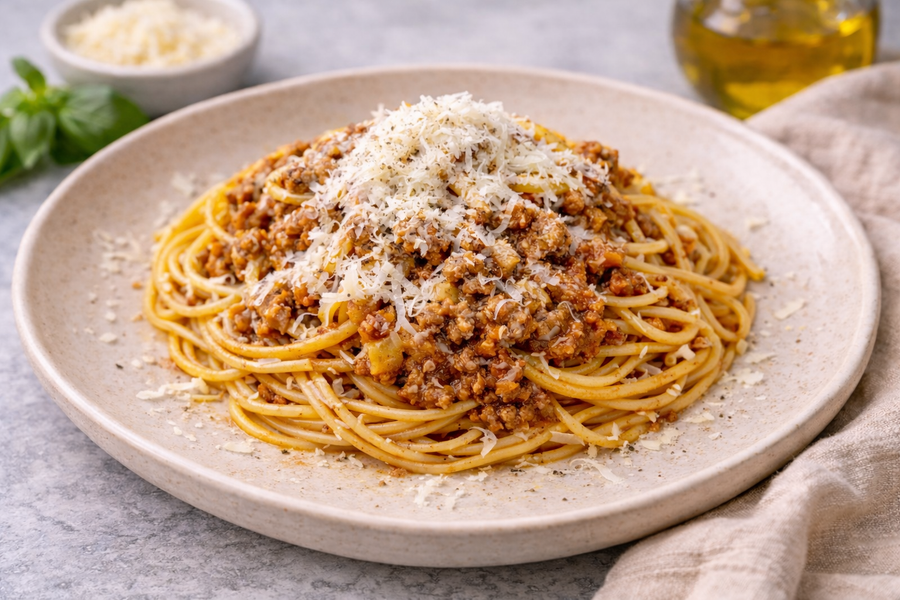Spaghetti mit Käse-Fleisch-Sauce