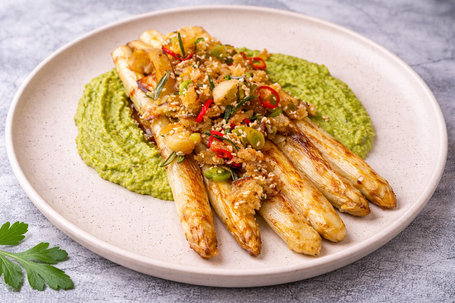 Spargel mit Avocado und Knusper
