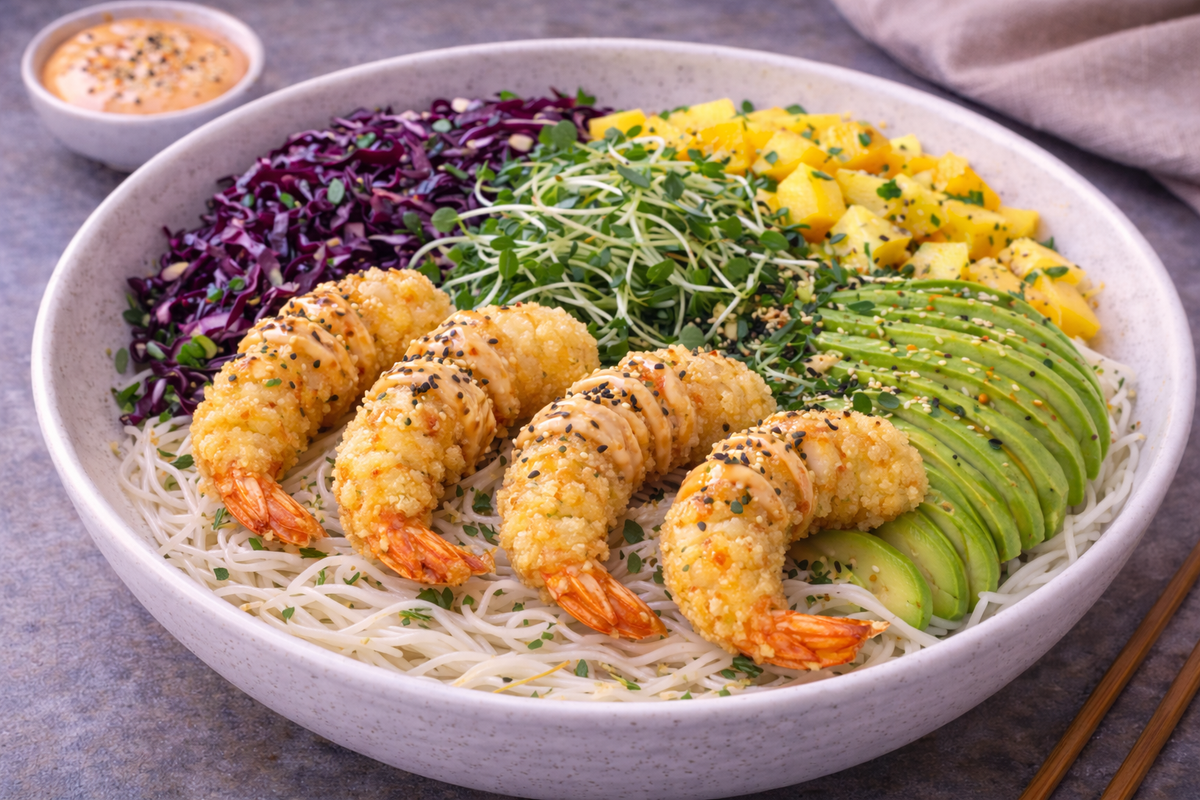 Reisnudel-Bowl mit Tempura-Garnelen