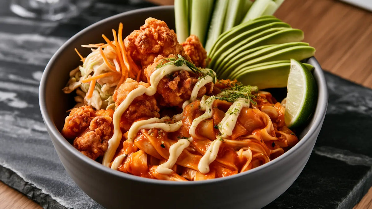 Reisnudeln mit Gochujang-Marinade, Blumenkohl-Karaage, Coleslaw, Avocado, Gurke & Limetten-Mayo