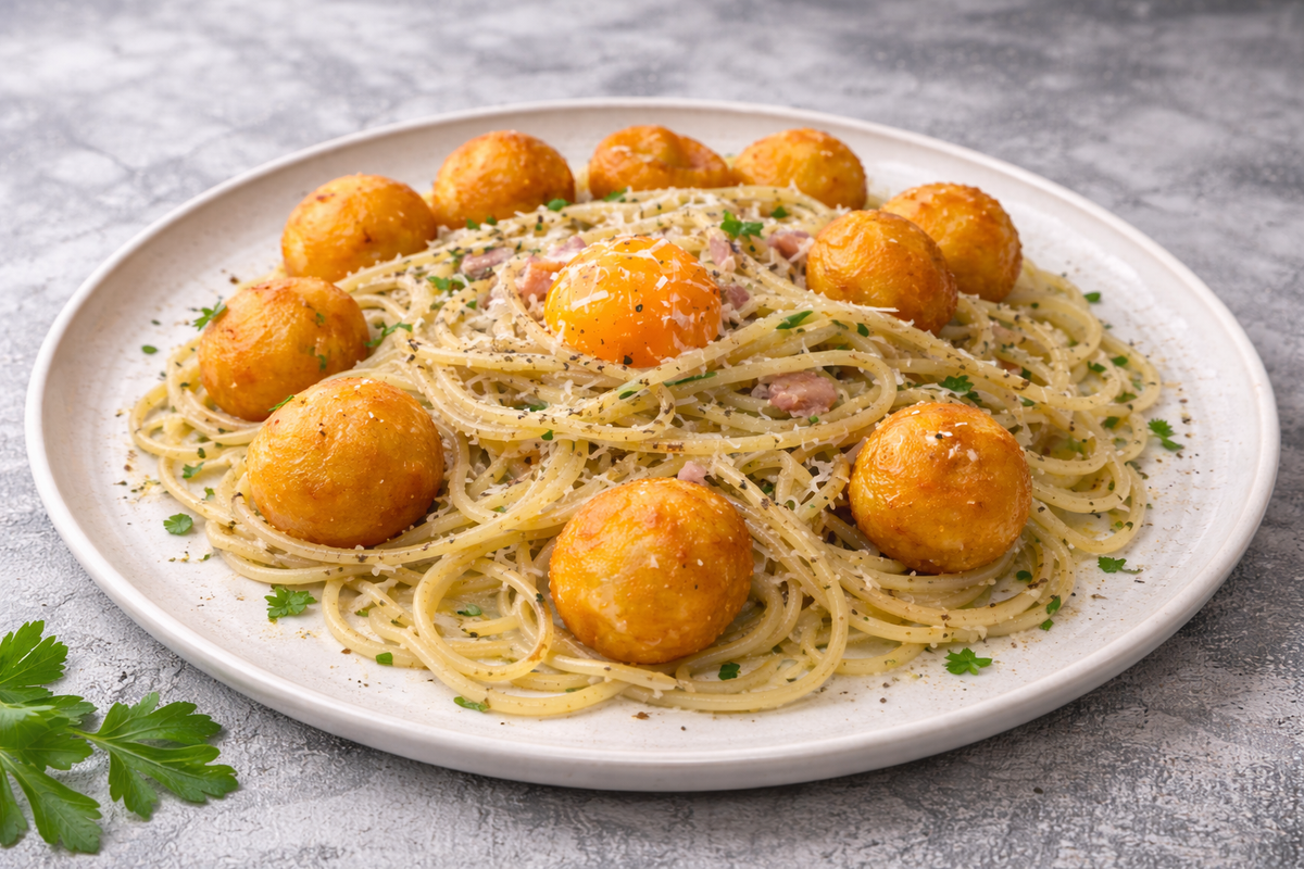 Spaghetti mit knusprigen Parmesanbällchen und Speck