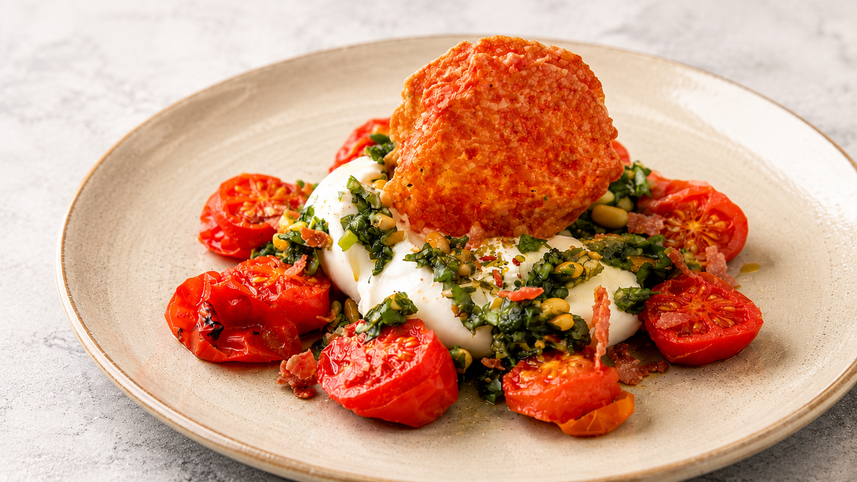 Burrata mit kandierten Tomaten und Salamichips
