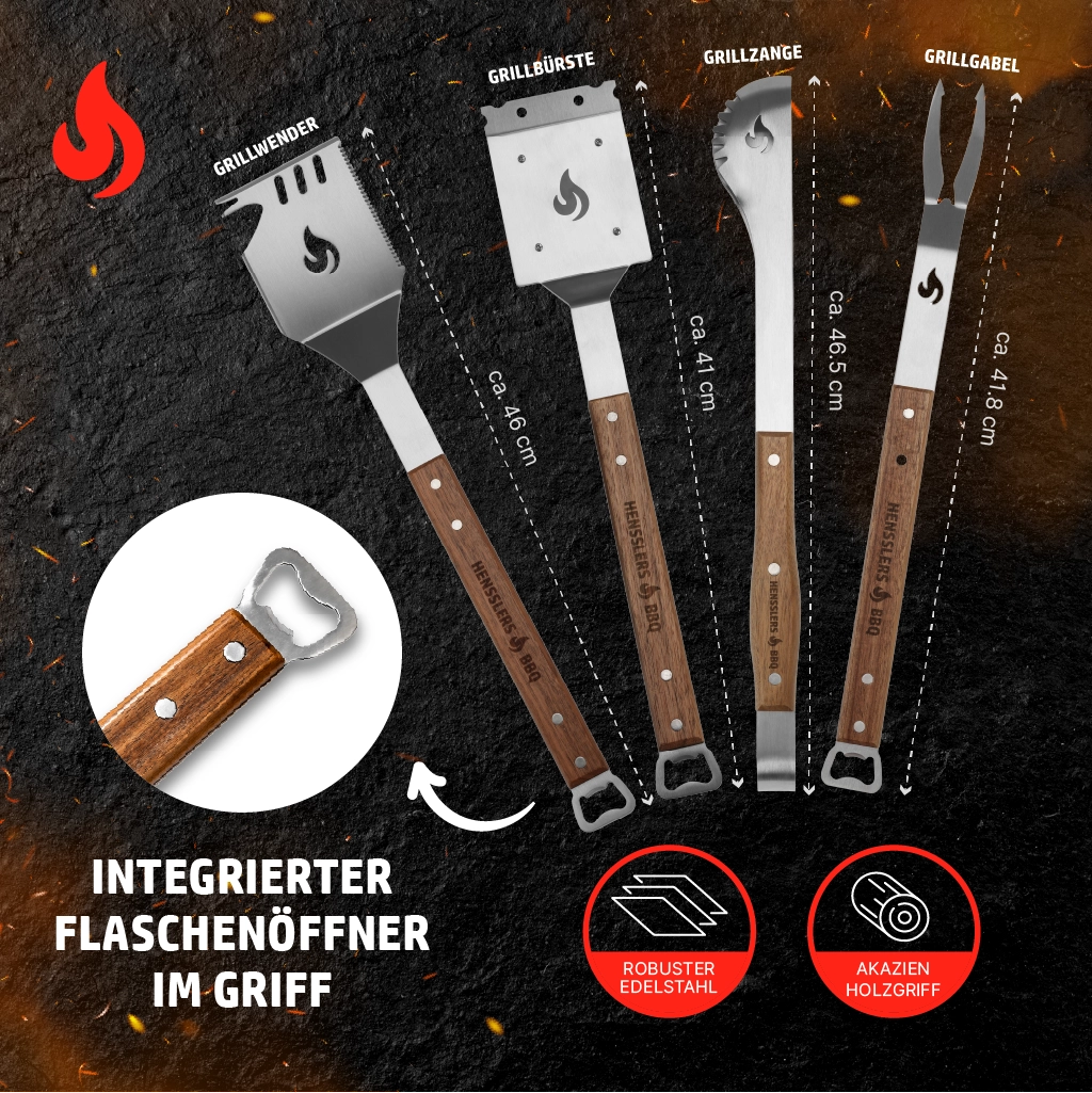 HENSSLERS Grillbesteck 4 Teilig Küchenzubehör Hensslers