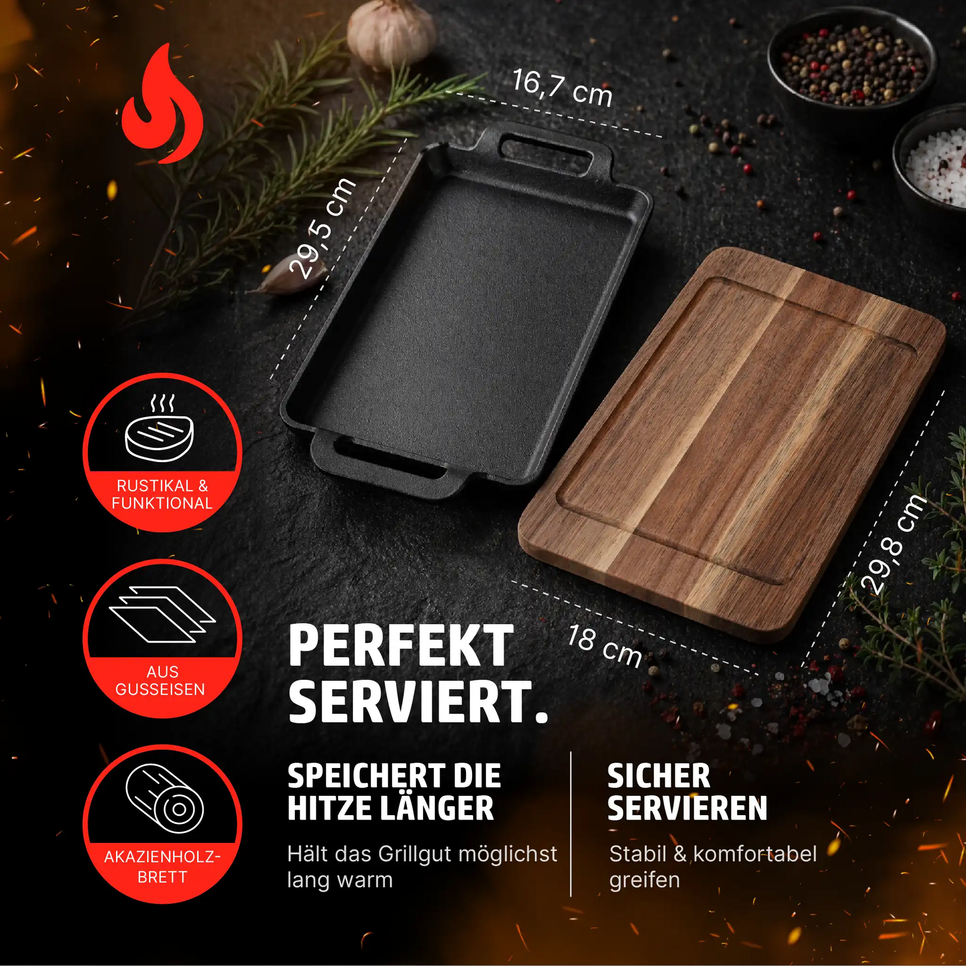 HENSSLERS Grill- / Servierpfanne mit Holzbrett Küchenzubehör Hensslers