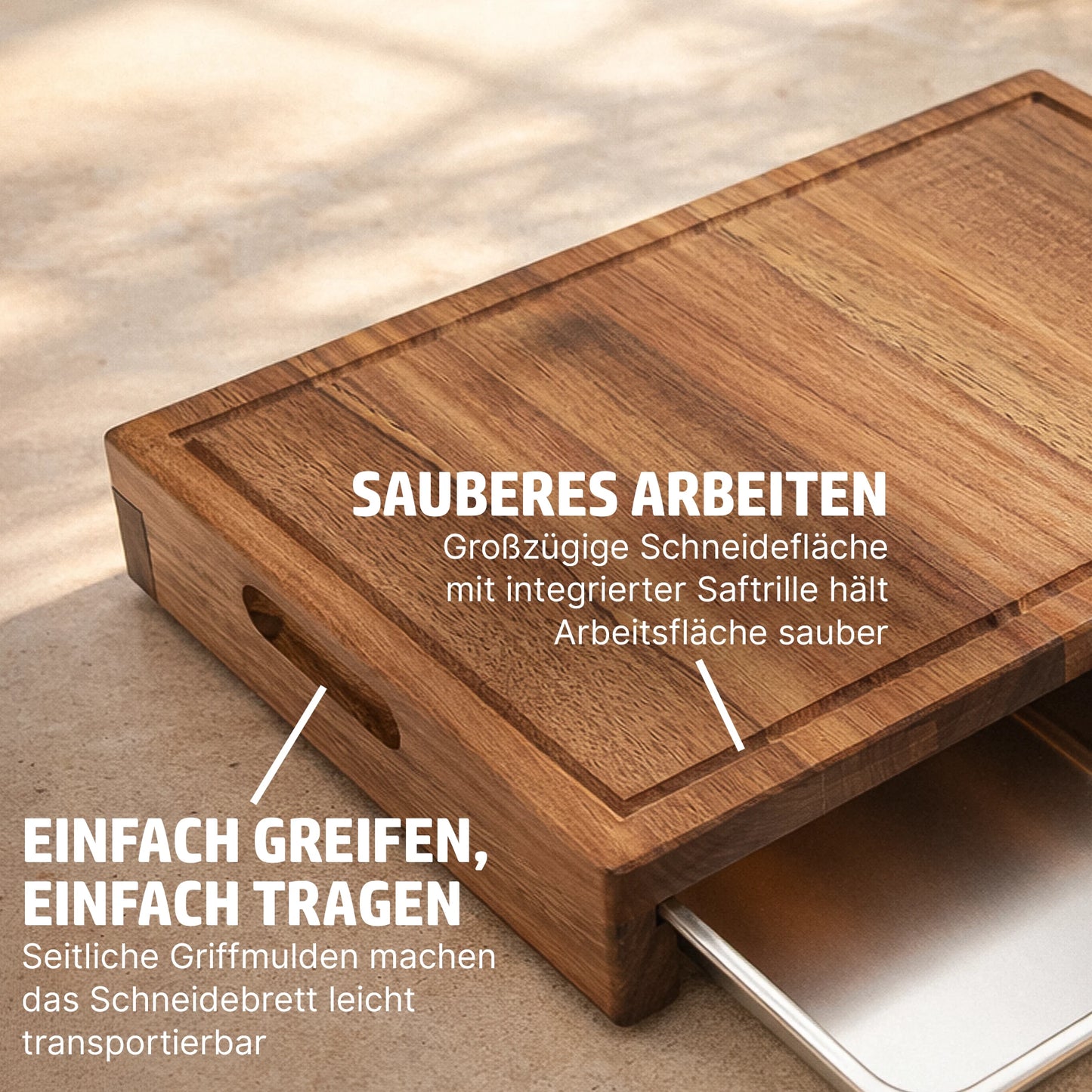 HENSSLERS Multifunktionsschneidebrett (mit 2 Edelstahlschalen) Küchenzubehör HENSSLERS